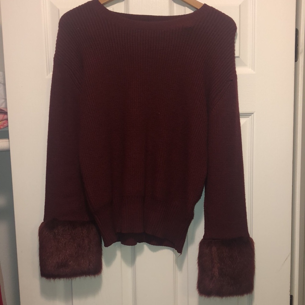 Love Token Burgundy Knit Sweater with Faux Fur Cuffs